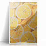 Art deco poster featuring an array of colorful fruits on a white acrylic framed print, suitable for modern kitchen decor.
