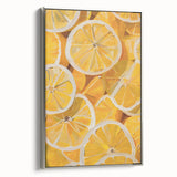 Landscape painting of colorful fruits on a black background, framed in silver, ideal for kitchen wall decor.