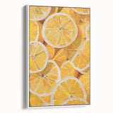 Extra large vintage poster art on framed canvas, featuring colorful fruits against a black background.