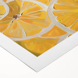 Art deco poster featuring an assortment of fruits in bold colors on a rolled canvas, suitable for dining room decor.