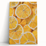 Large black and white stretched canvas of assorted fruits, ideal for kitchen wall art.
