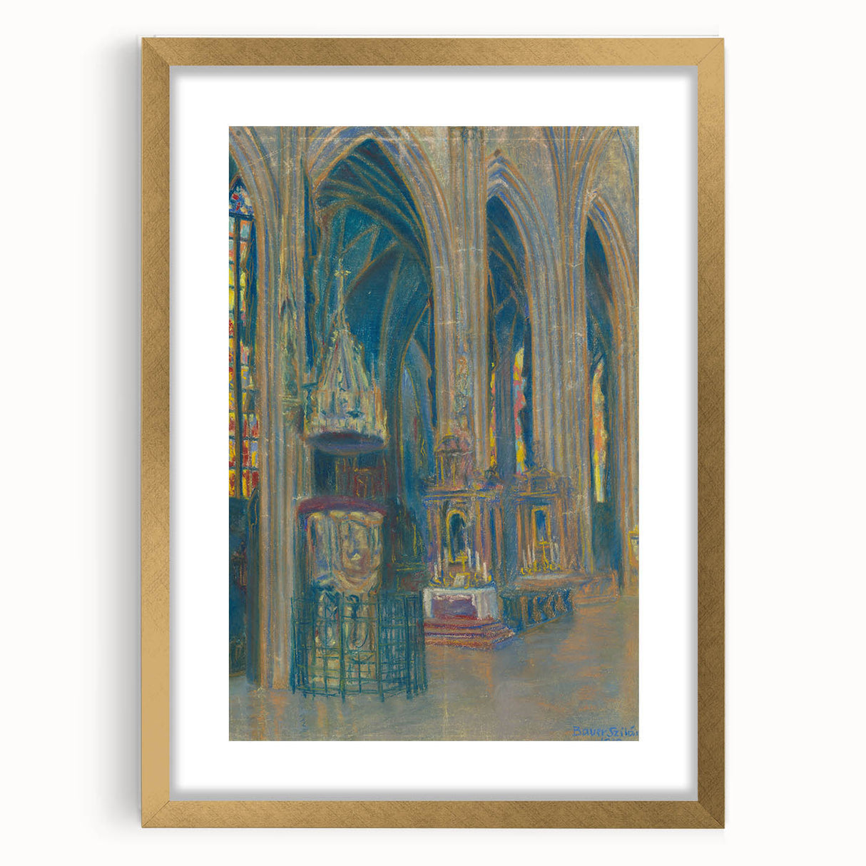 Gothic Realism Art Print of Košice Cathedral Interior with Stained Glass