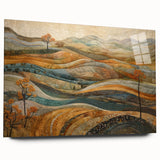 Large abstract wall art in mid-century modernist style depicting autumn tones on acrylic glass, ideal for dining room decor.