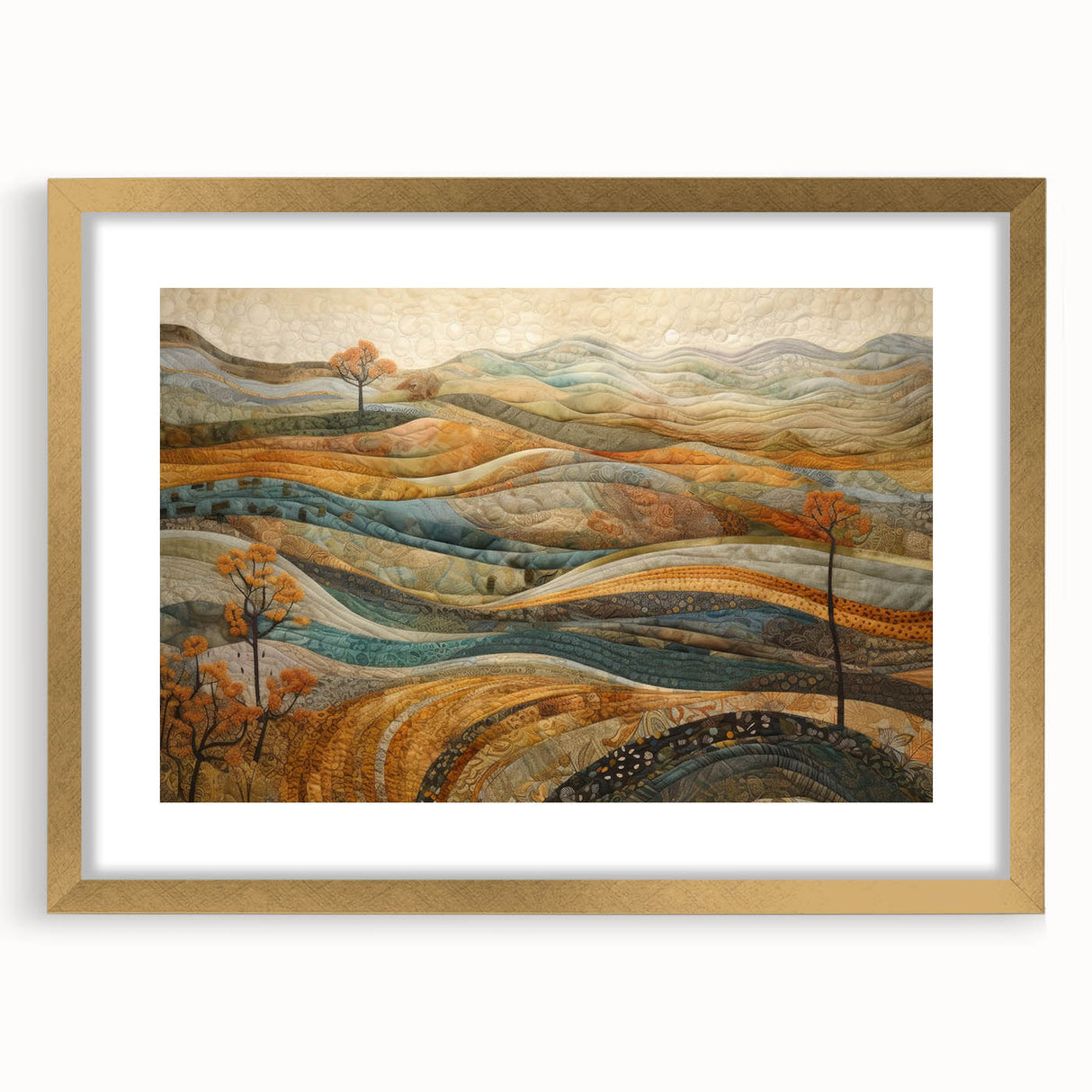 Extra large abstract art print with textured fall hues in a gold frame, perfect for living room decor.