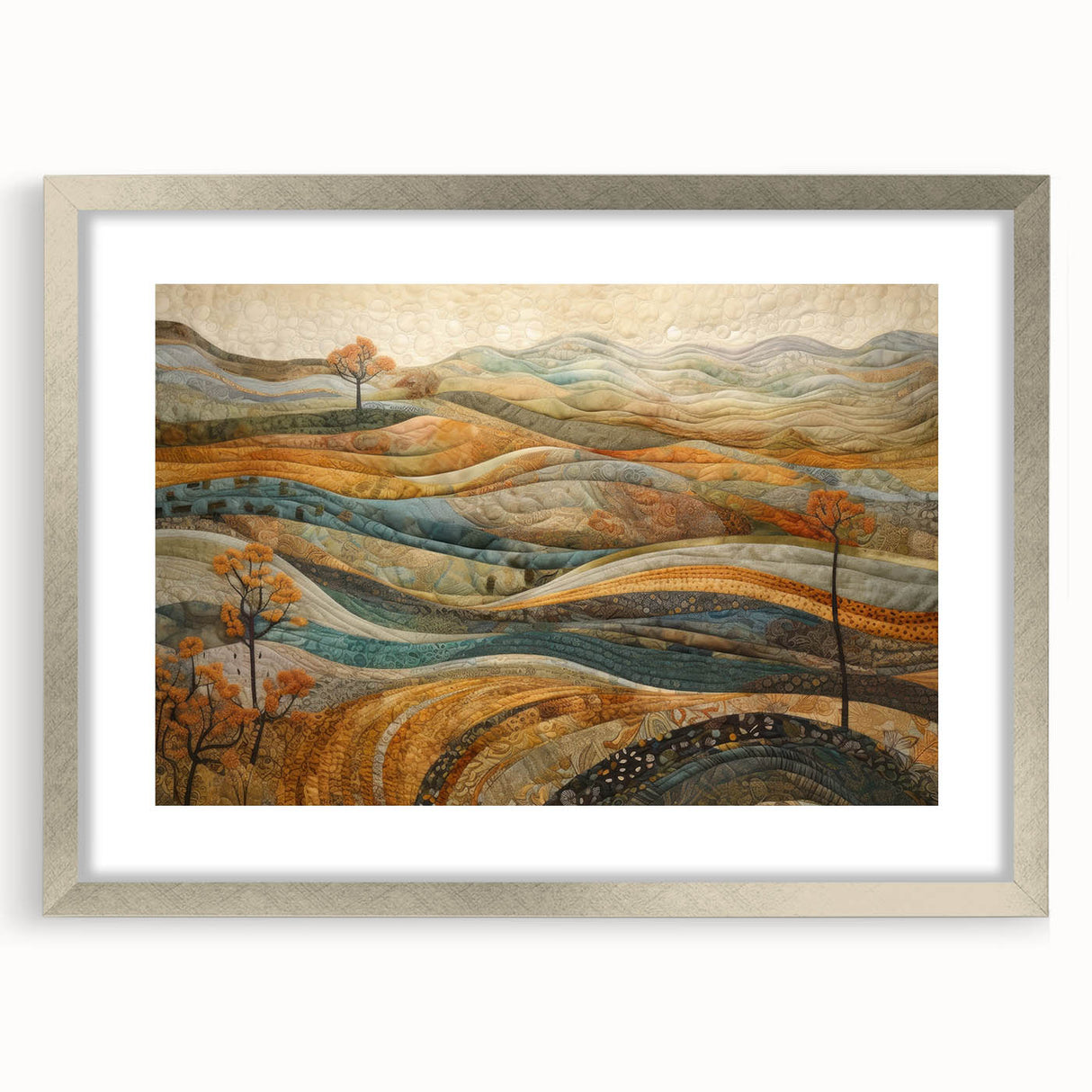 Textured art of abstract fall leaves in orange and red hues on a silver framed canvas, ideal for bedroom ambiance.
