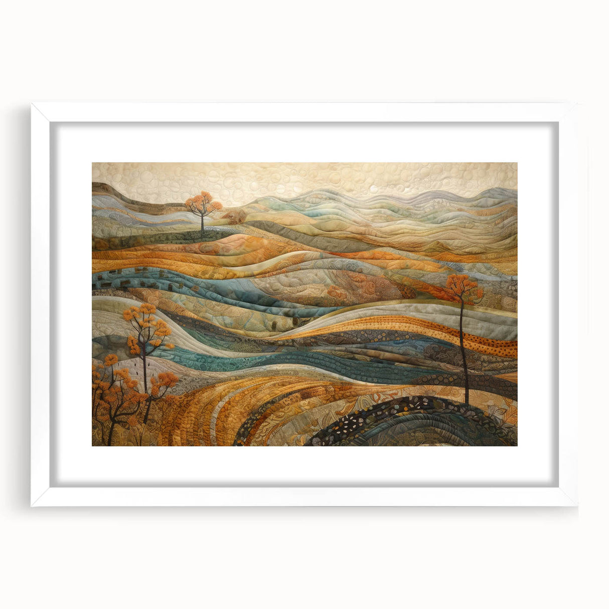 Abstract art print featuring warm autumnal shades on a white framed canvas, suitable for dining room or bedroom decor.
