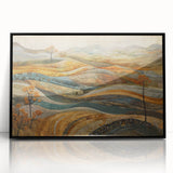 Large abstract wall art featuring warm autumnal hues on a framed acrylic print, ideal for modern living room decor.