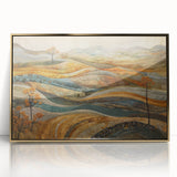 Large art print of a mid-century modernist fall scene in muted orange and brown tones on framed acrylic.