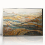Mid-century modernist art depicting a fall scene with orange and brown tones on a framed acrylic print.
