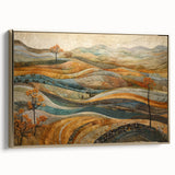Framed canvas depicting a vintage landscape painting with fall scenery in muted gold and black tones.