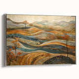 Framed canvas depicting a vintage landscape art painting of autumn trees in vibrant hues, ideal for living room decor.