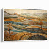 Vintage poster art depicting a fall scene with muted earth tones on an extra large framed canvas.