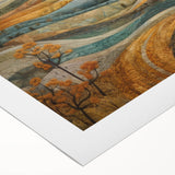 Art deco poster featuring a stylized autumnal scene in warm orange and brown tones, printed on rolled canvas.