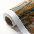 Art deco poster depicting a serene fall landscape in muted earth tones on rolled canvas, ideal for nursery wall art.