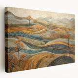 Large abstract depiction of autumn trees on stretched canvas, with warm orange and red tones, suitable for kitchen wall art.