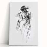 Abstract figurative stretched canvas artwork leaning against a neutral wall, showcasing vibrant colors and dynamic shapes, perfect for modern home decor.