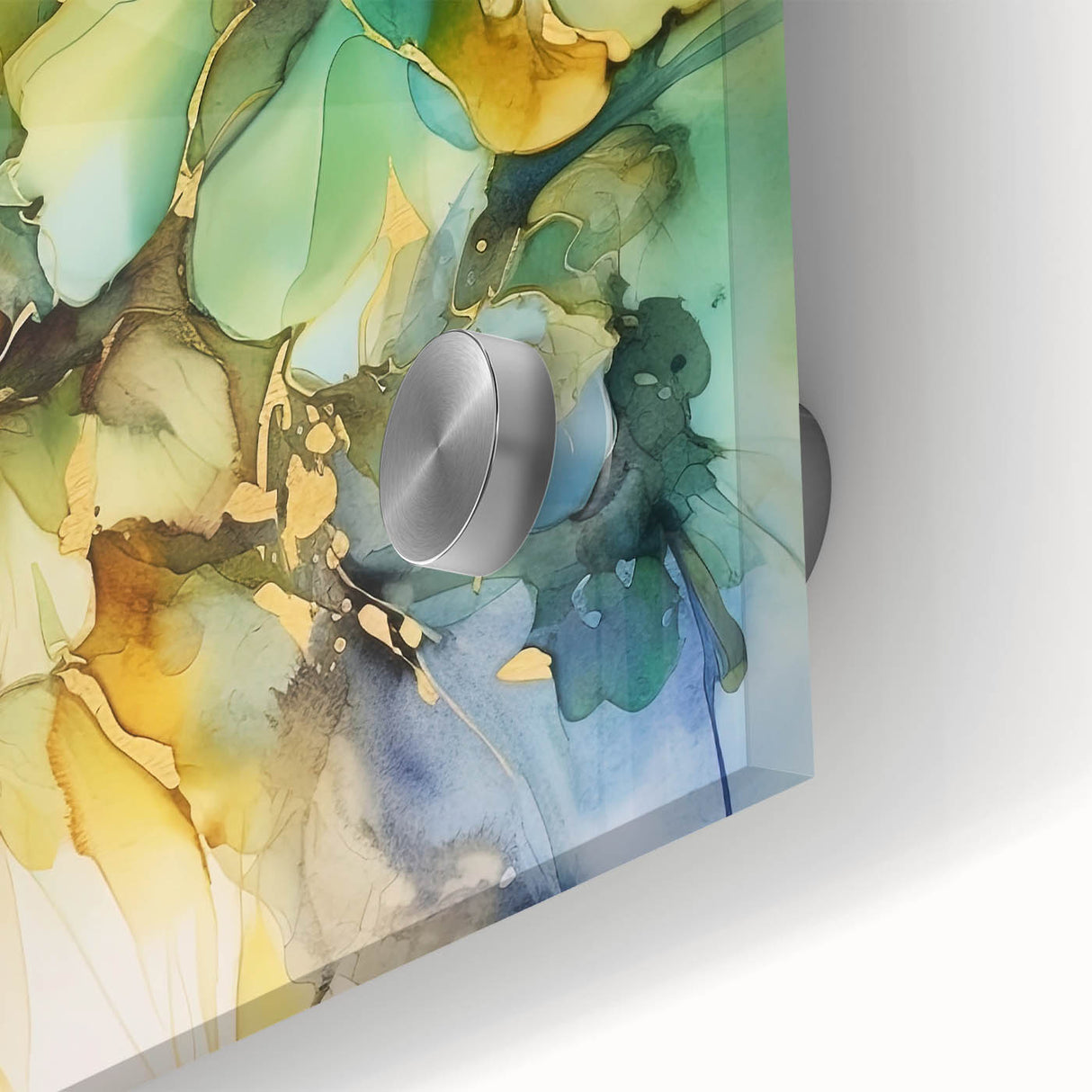 Close-up of vibrant abstract floral acrylic artwork on glass, showcasing intricate details and vivid colors, ideal for modern home decor and art enthusiasts.