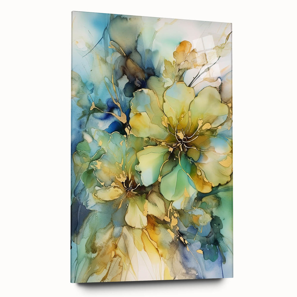 Abstract floral acrylic art piece displayed from a side view, showcasing vibrant colors and intricate brushstrokes on a sleek glass surface, perfect for modern decor.