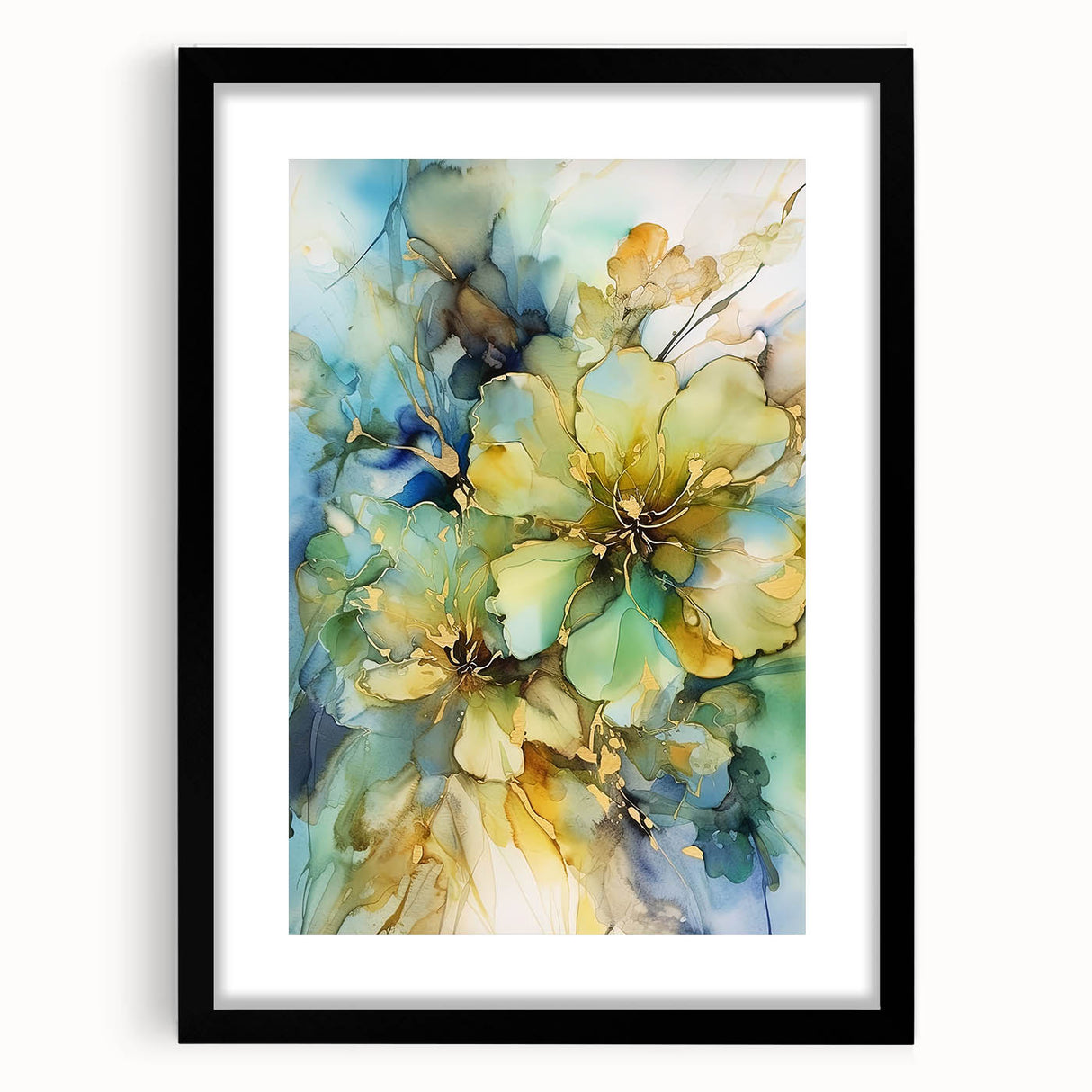 Abstract floral art frame with a black mat, showcasing vibrant colors and intricate designs, ideal for home decor or artistic display. Perfect for adding elegance to any space.