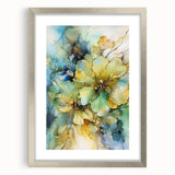 Abstract floral frame in silver matting, showcasing vibrant greenery and delicate blooms, perfect for modern home decor or office aesthetics. This elegant piece enhances any space with its stylish design and sophisticated color palette.