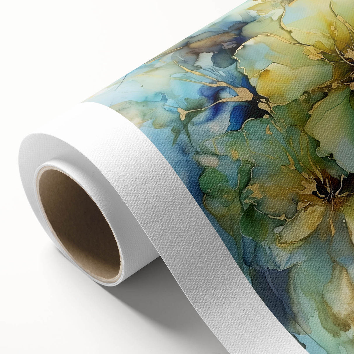 Abstract floral design on rolled canvas, showcasing vibrant colors and intricate patterns, packaged securely in a sturdy tube for easy display and protection.