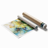 Colorful abstract floral design on a rolled canvas print, showcasing vibrant hues of pink, blue, and yellow. Ideal for home decor, it comes securely packaged in a protective cardboard tube. Perfect for brightening any living space with its artistic flair.