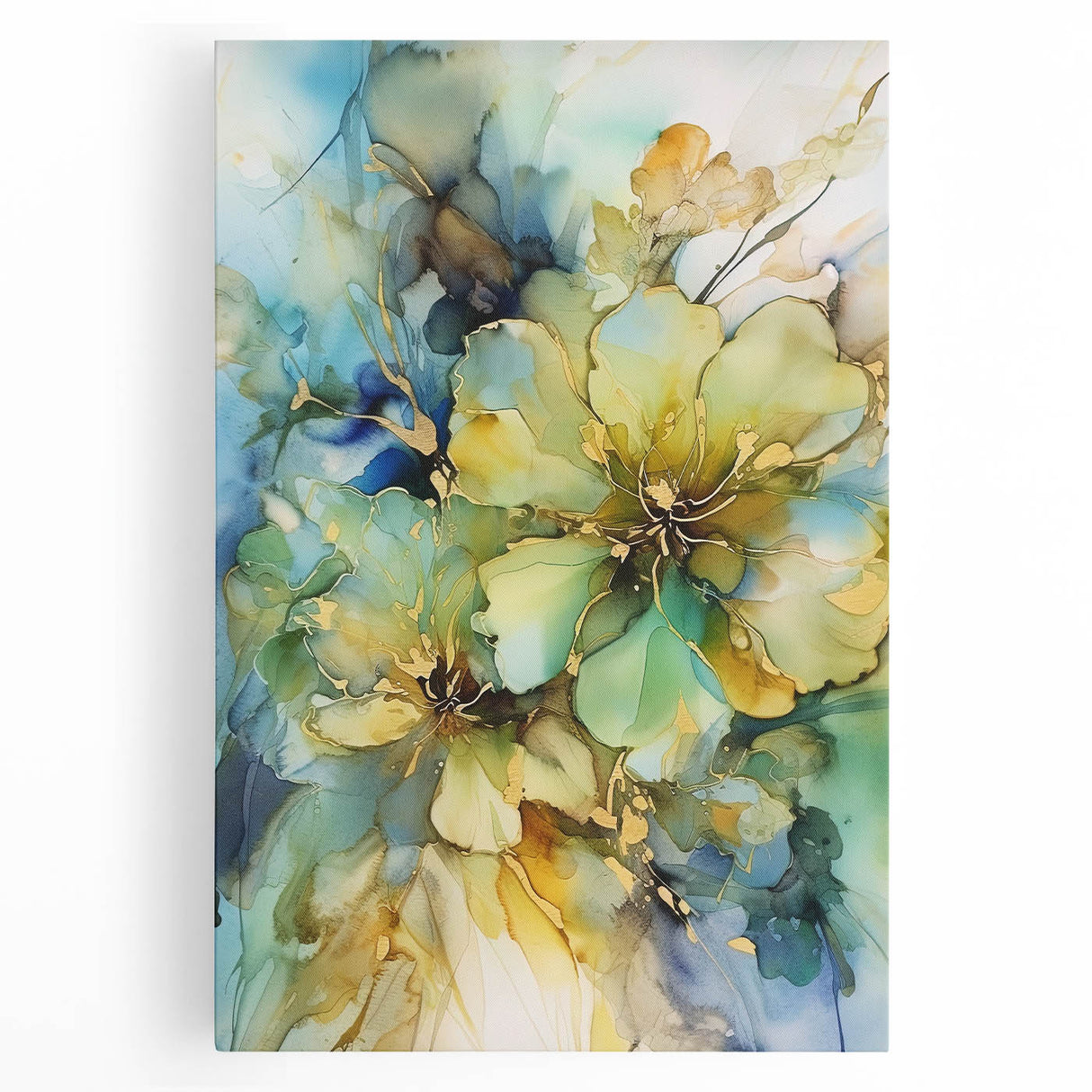Abstract floral stretched canvas artwork featuring vibrant colors and intricate designs, perfect for modern home decor. Ideal for enhancing living spaces with a touch of elegance and nature-inspired aesthetics.