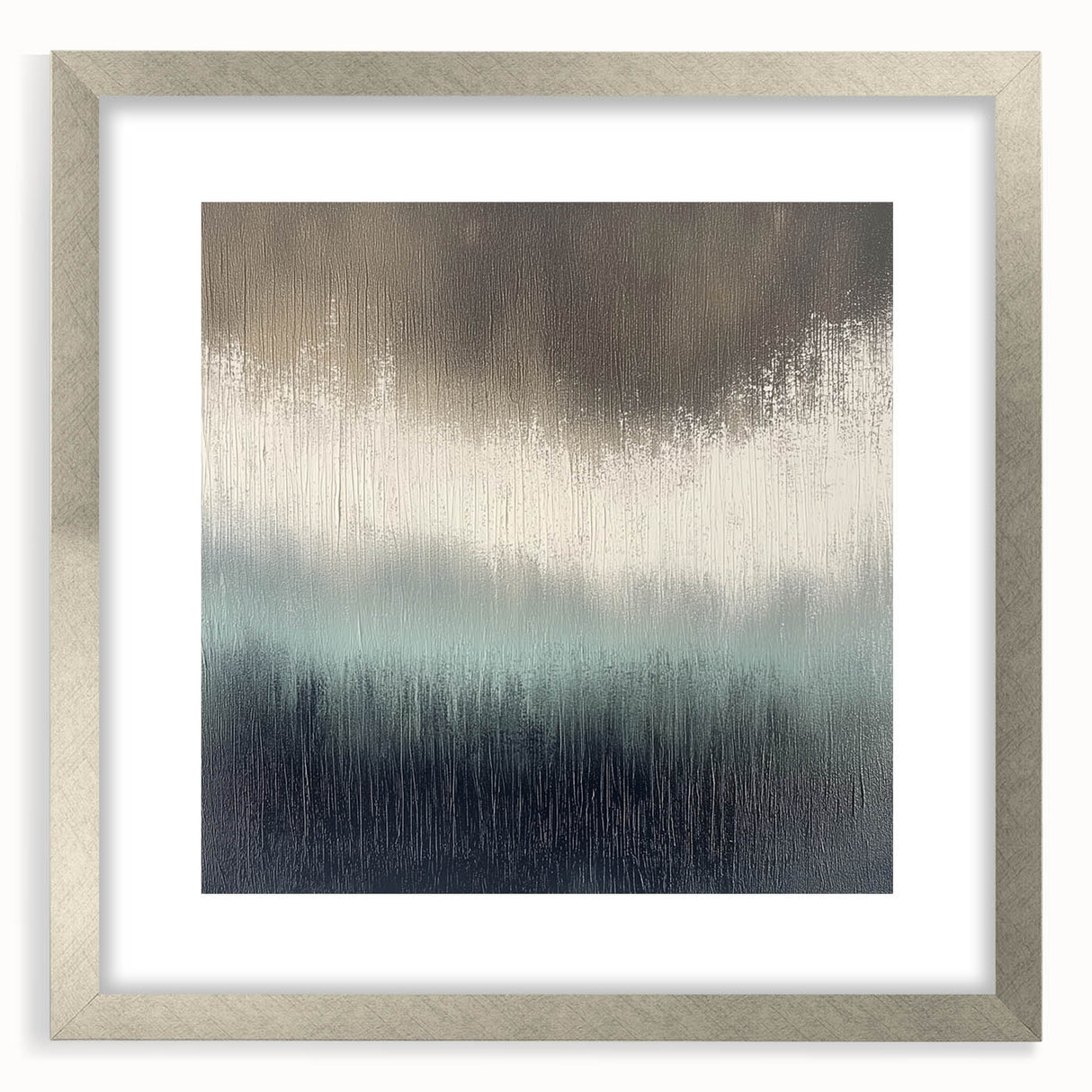 Abstract landscape artwork framed in a sleek silver frame with a white mat, showcasing a harmonious blend of earthy tones and textures, perfect for modern decor.