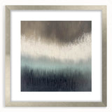 Abstract landscape artwork framed in a sleek silver frame with a white mat, showcasing a harmonious blend of earthy tones and textures, perfect for modern decor.