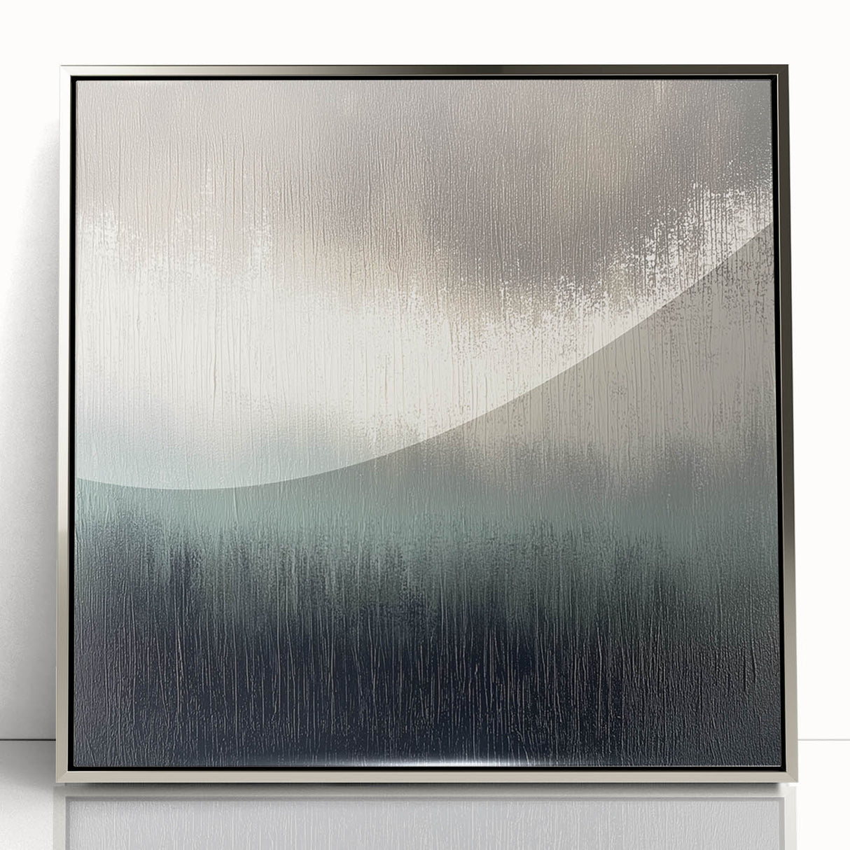 Abstract landscape artwork in a sleek silver frame, showcasing vibrant colors and fluid shapes, ideal for contemporary home decor and artistic spaces.