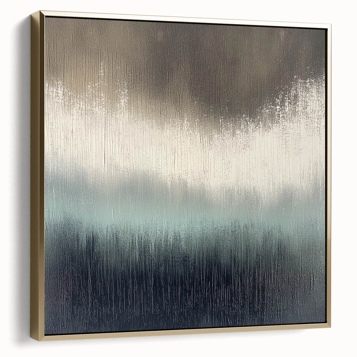 Framed abstract landscape canvas artwork in silver and gold hues, showcasing a modern design ideal for contemporary home decor. Perfect for adding a touch of elegance to living spaces.