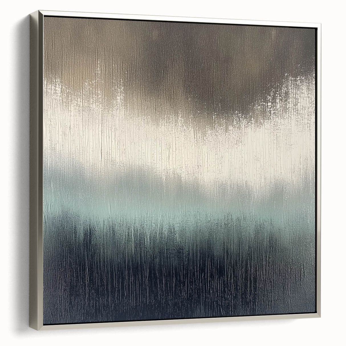 Abstract landscape framed canvas art showcasing a serene silver-hued design, ideal for modern home decor. Side view reveals elegant frame details, enhancing any interior space.