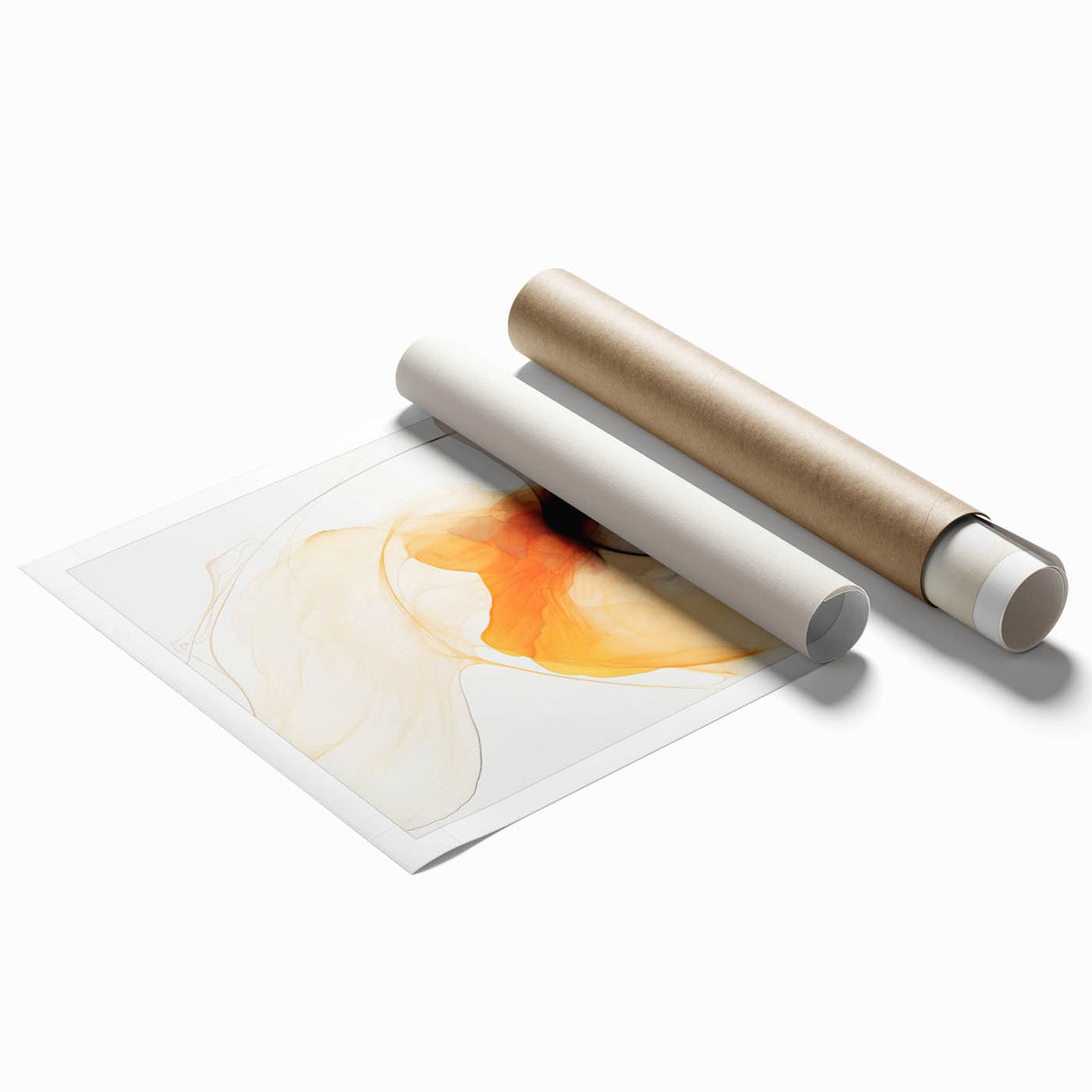 Abstract minimalist wall art print in soft pastel colors featuring geometric shapes and flowing lines, rolled and ready for display in a sleek, protective tube.