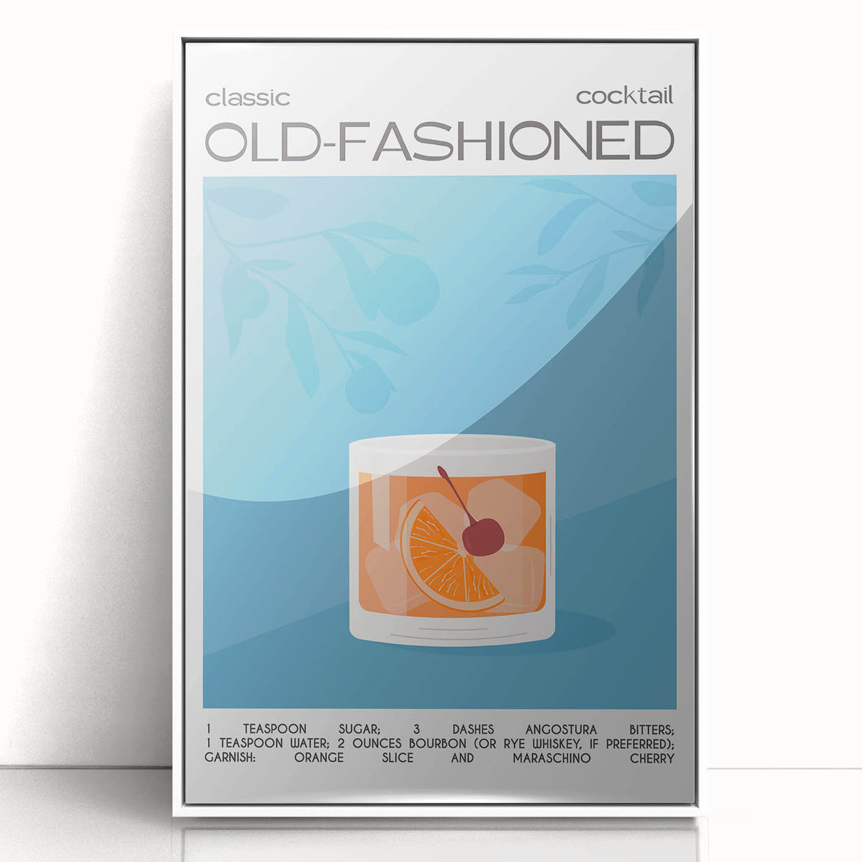 Art Deco style poster featuring stylized food and drink illustrations in pastel tones, framed in white acrylic.