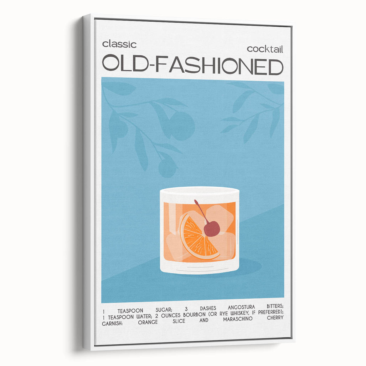 Vintage poster art of colorful food and drinks on a white framed canvas, ideal for living room decor.