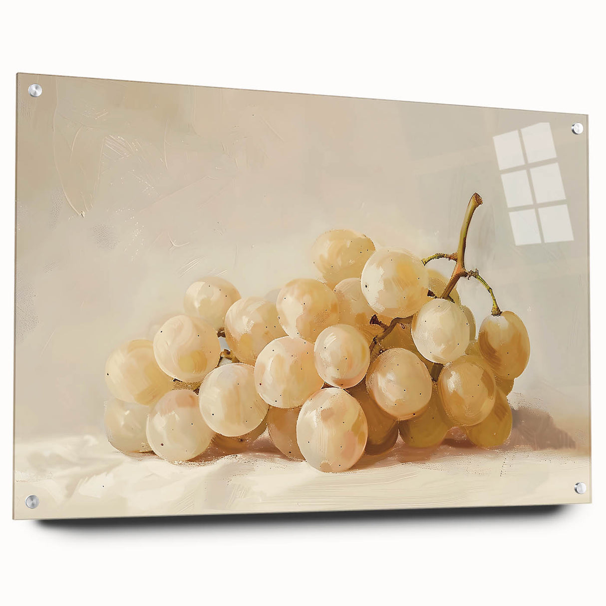Large abstract wall art featuring assorted fruits in vibrant colors on acrylic glass, ideal for dining room decor.