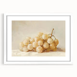 Abstract art print featuring assorted fruits in vibrant colors on a white framed poster, ideal for dining room decor.