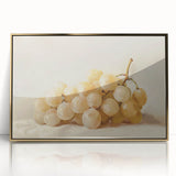 Large art print of assorted fruits in bold colors, framed in gold acrylic, in a mid-century modernist style.