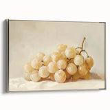 Landscape art painting featuring colorful fruits on a black background, framed in silver, ideal for kitchen decor.