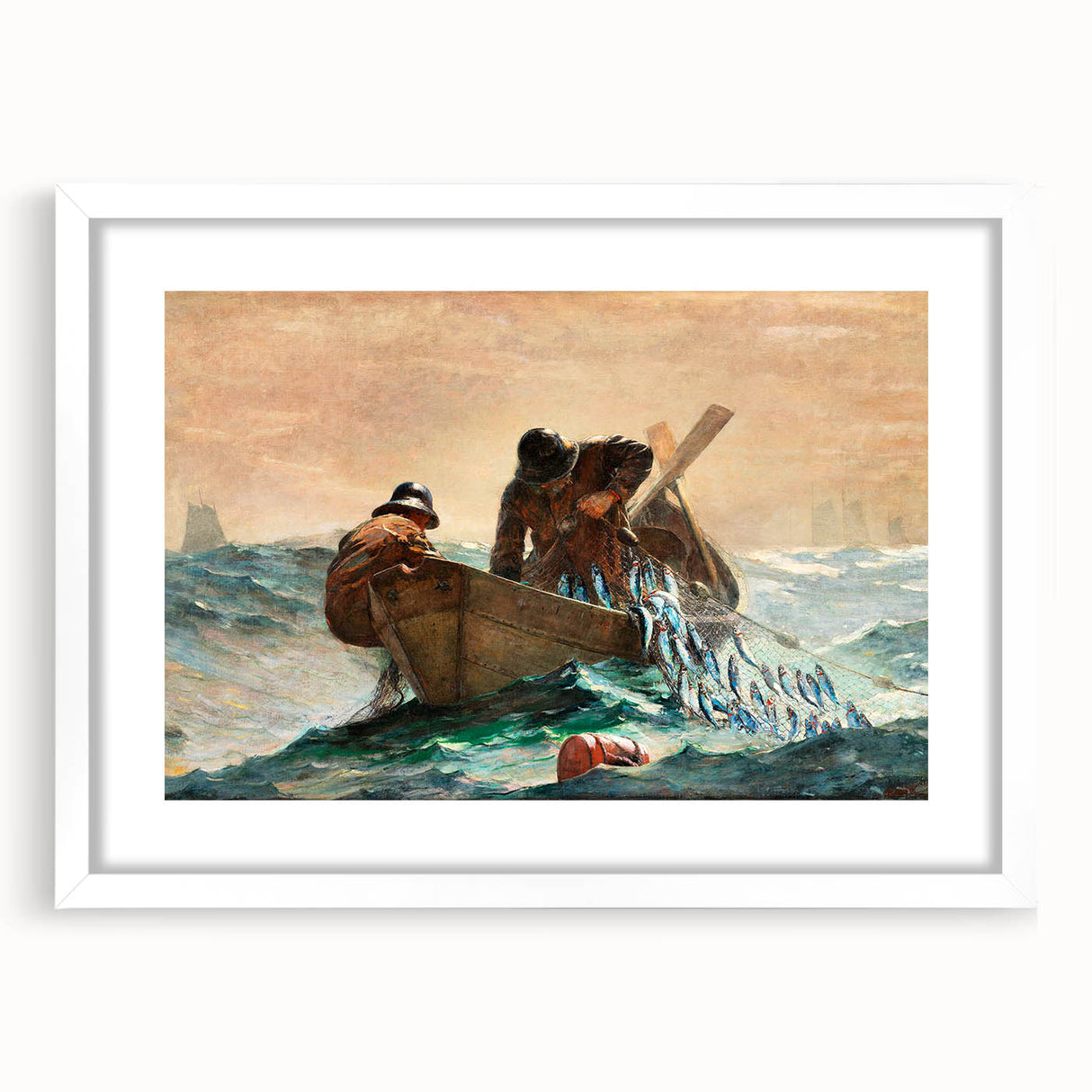 Dynamic Realism Art Print of Fishermen at Sea with Herring Net Catch