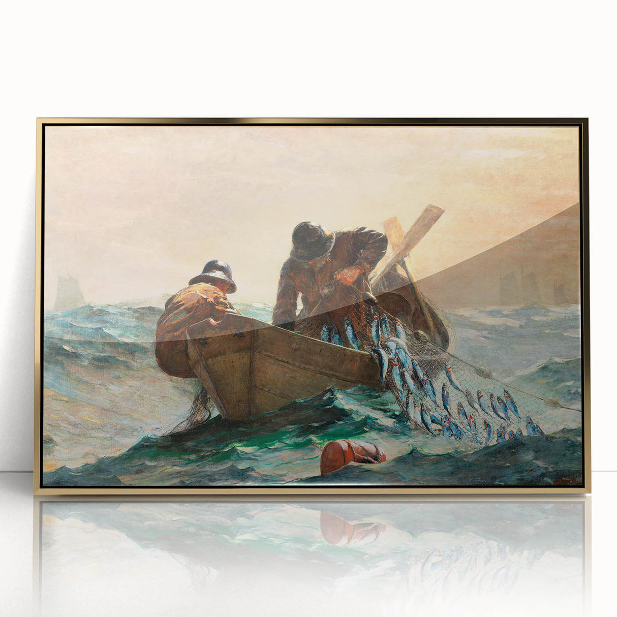 Dynamic Realism Art Print of Fishermen at Sea with Herring Net Catch