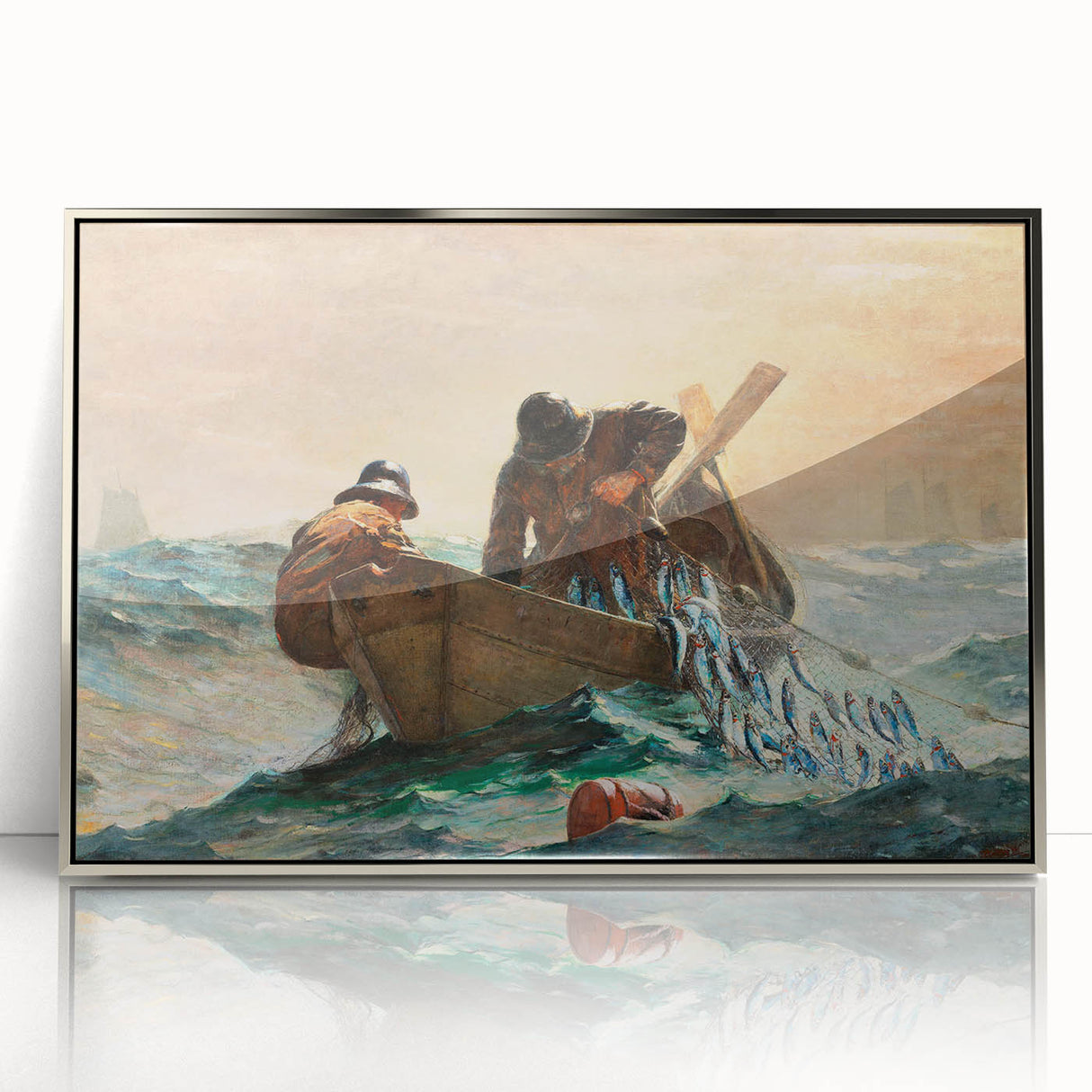 Dynamic Realism Art Print of Fishermen at Sea with Herring Net Catch