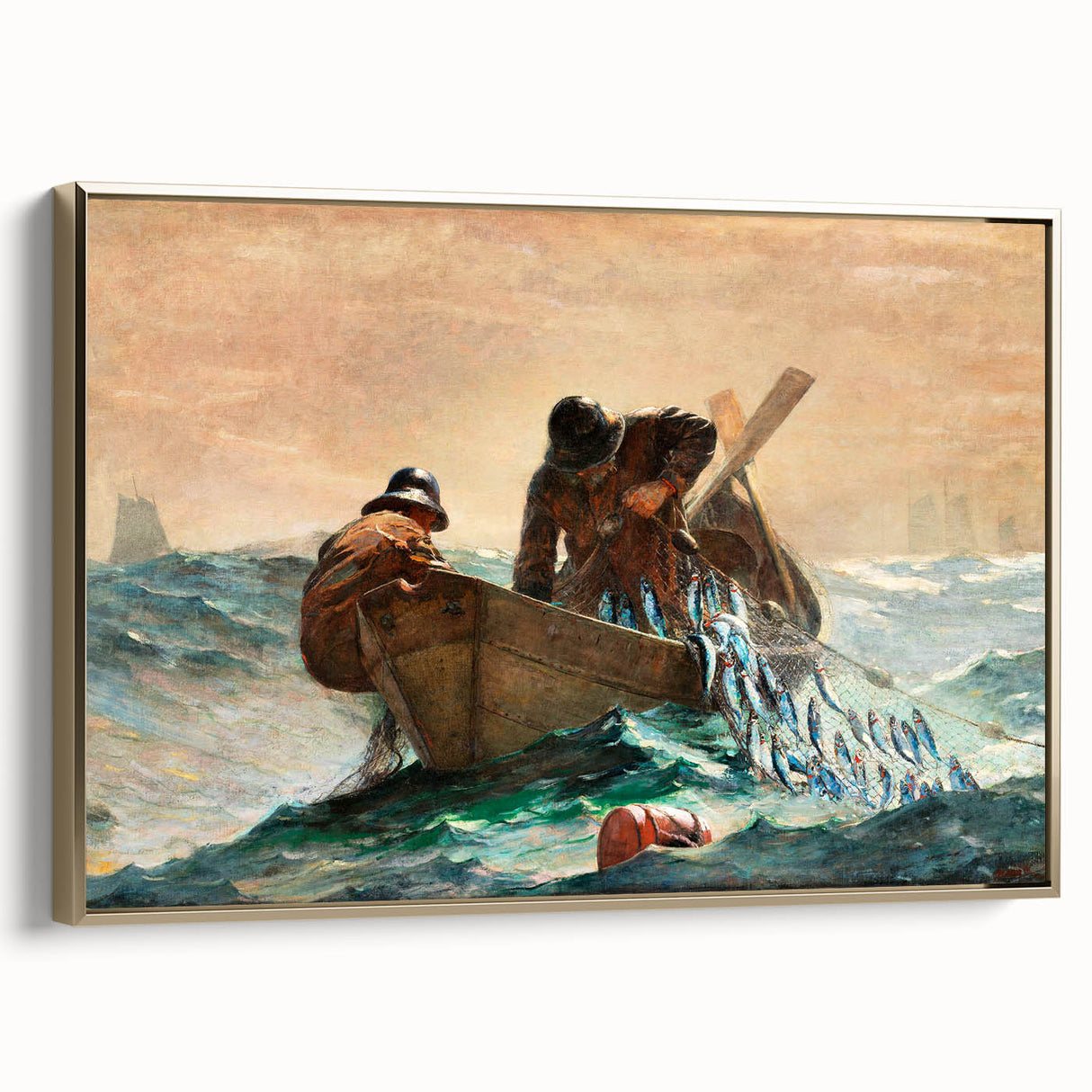 Dynamic Realism Art Print of Fishermen at Sea with Herring Net Catch