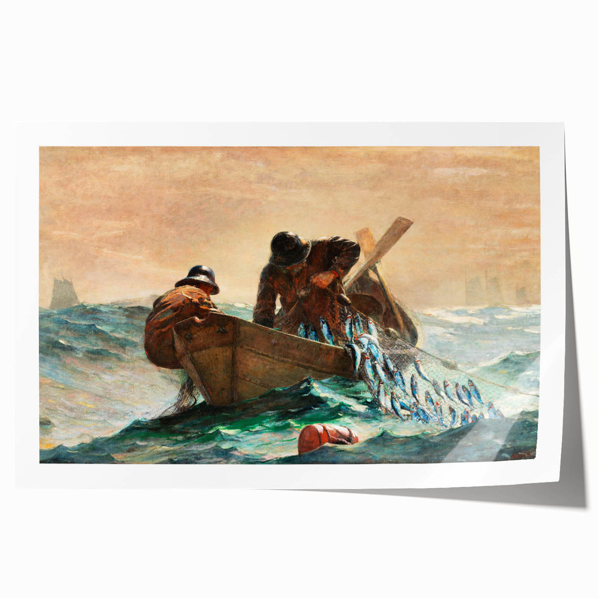 Dynamic Realism Art Print of Fishermen at Sea with Herring Net Catch