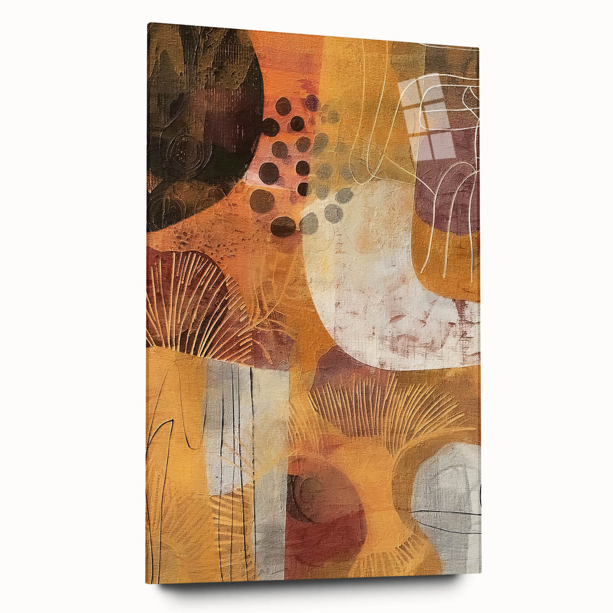 Large abstract wall art depicting autumnal tones on acrylic glass, suitable for dining room ambiance.