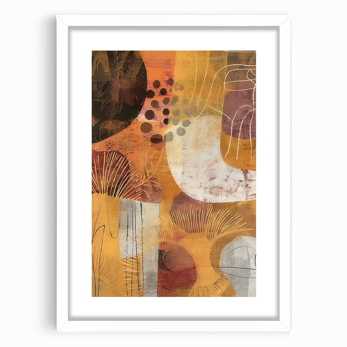 Abstract art print featuring swirling autumn colors in a white frame, ideal for dining room decor.
