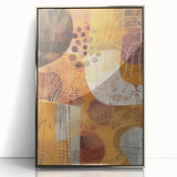 Mid-century modernist art depicting autumn trees in orange and brown hues, framed in silver acrylic.