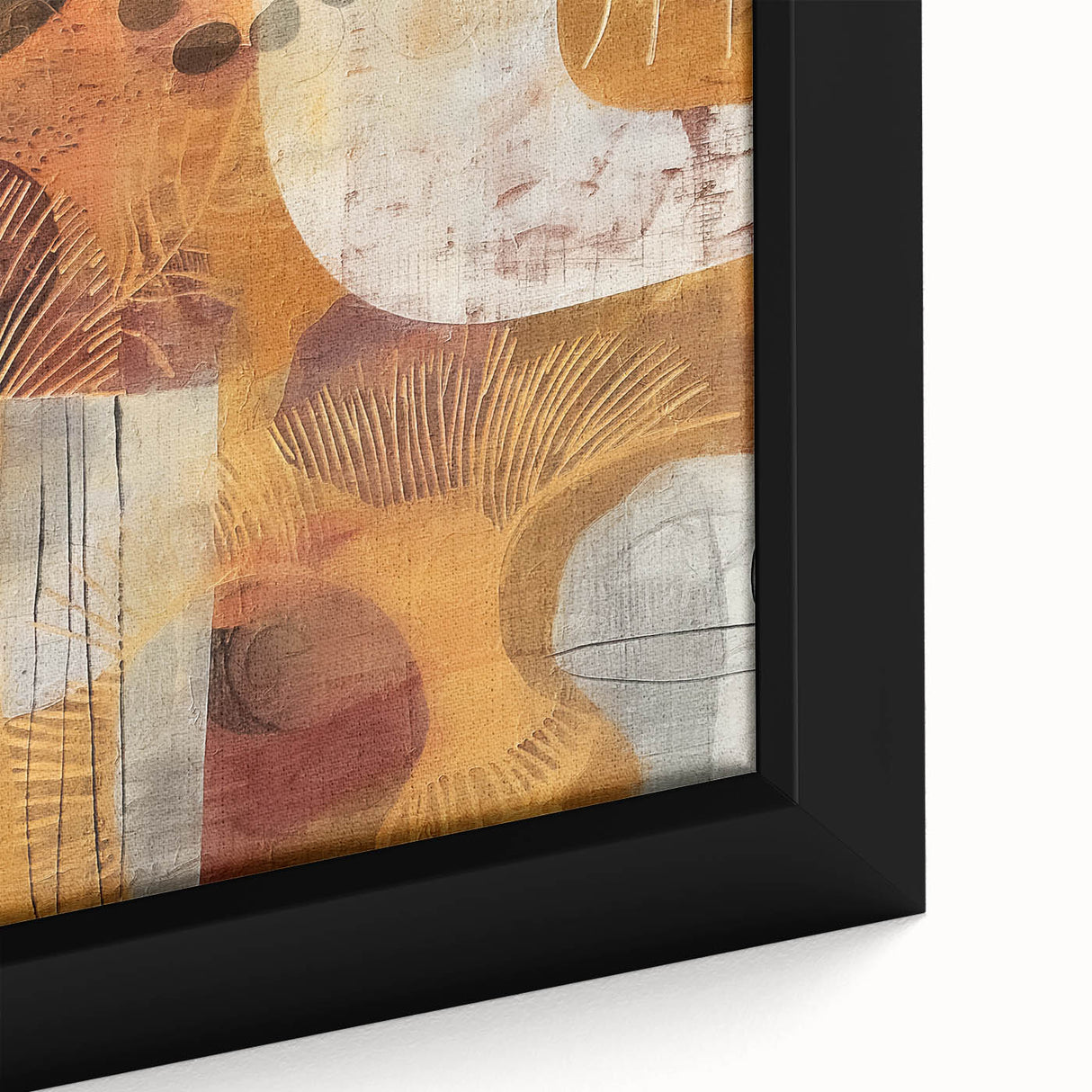 Close-up of a black framed canvas featuring a textured, colorful abstract design, ideal for extra large living room wall art.
