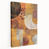 Side view of a large stretched canvas featuring a fall-themed abstract design in warm orange and red tones.