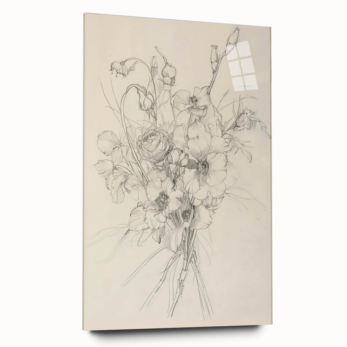 Abstract floral design on acrylic glass, showcasing vibrant colors and intricate patterns, ideal for modern home decor, viewed from the side without pins.